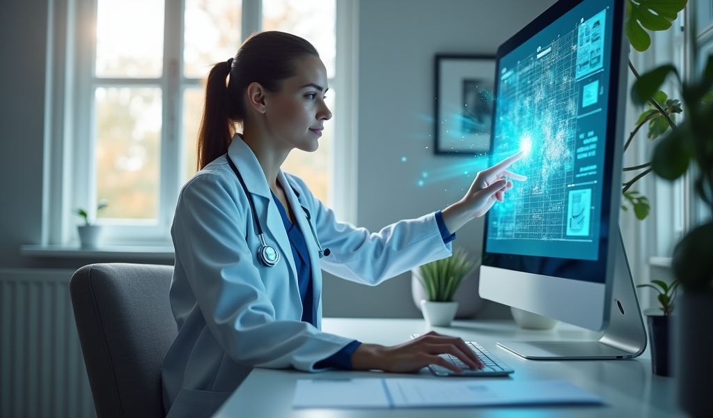 # Healthcare AI Revenue Cycle Management Prompt Create an image depicting a serene home office setting where healthcare financial management happens seamlessly. Show a professional-looking person (healthcare administrator or financial specialist) in business casual attire engaging with an abstract representation of AI-powered revenue cycle management. The environment should feature clean lines, neutral colors with calming blue accents, and soft natural lighting coming through windows. Include subtle healthcare-financial elements like organized paperwork or a minimal desk setup. Visualize AI through abstract glowing elements or gentle flowing patterns that suggest intelligence and automation. The overall mood should convey efficiency, trust, and reduced administrative burden. The composition should feel modern, approachable, and reliable - emphasizing how AI simplifies healthcare financial processes in a remote/home environment. Do not include any text, numbers, stethoscopes, medical equipment, computer screens, or images of wounds/patients. The representation should be professional yet warm, showcasing technology that supports healthcare without depicting clinical elements.