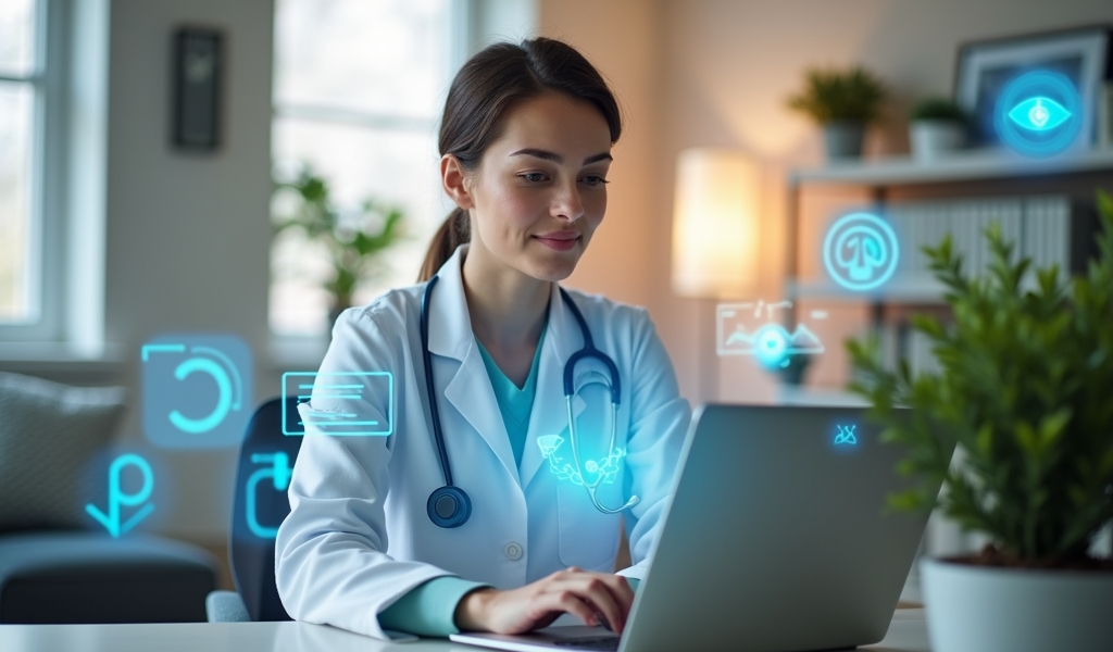 # Healthcare AI Revenue Cycle Management - Home Setting Prompt Create an image depicting a professional working from home managing healthcare finances using AI technology. Show a clean, organized home office space with soft, natural lighting coming through windows. Feature a person in business casual attire looking confident while engaged with technology (no visible text/numbers on screens). The environment should be minimal, modern, and warm with neutral tones, perhaps with subtle healthcare-inspired design elements like abstract blue curves or geometric patterns. Include elements that convey technology and efficiency such as holographic projections or subtle glowing elements representing AI assistance. Incorporate a small plant or other homey touches to balance technology with approachability. The overall mood should convey reliability, efficiency, and trust—portraying how healthcare financial management can be handled professionally from home environments. Do not include any text, numbers, letters, stethoscopes, medical equipment, visible screen content, or images of wounds/medical procedures in the design.