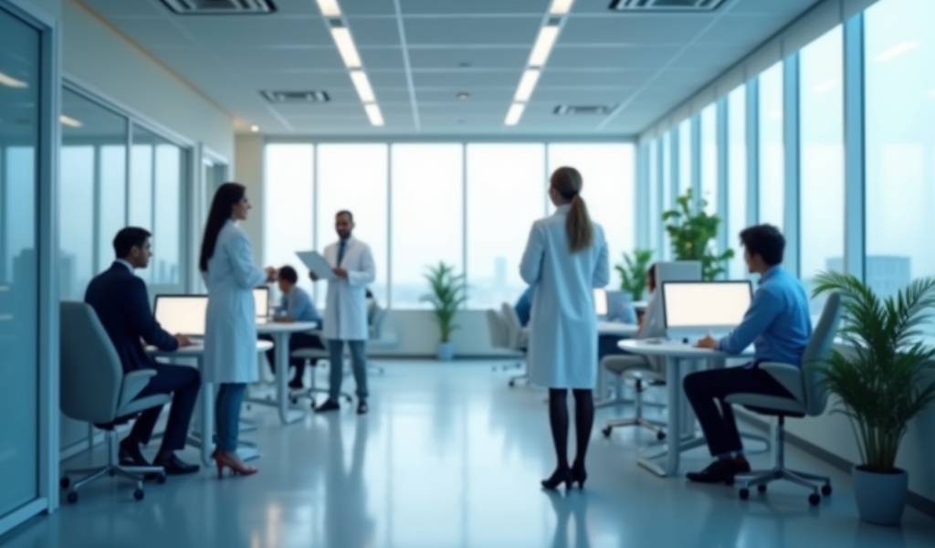 # AI-Driven Revenue Cycle Management in Healthcare Create a professional image depicting AI-driven revenue cycle management in a modern medical office. Show a serene workspace with soft, diffused lighting where administrative staff interact with clean, minimalist technology. Feature subtle visual elements representing financial efficiency - perhaps flowing lines or gentle graphical representations of improved workflows. The environment should be bright, airy and contemporary with muted blues and calming neutrals. Include elegant, abstract representations of data organization rather than literal screens or text. Human elements should convey professionalism through business attire and confident posture, with diverse representation. Incorporate subtle visual metaphors for healthcare administration - like organized folders or smooth, flowing patterns suggesting streamlined processes. The overall mood should convey efficiency, reliability and trustworthiness. Do not include any text, numbers, stethoscopes, medical equipment, screens with visible content, or any imagery of injuries/wounds. The final image should feel sophisticated, optimistic and forward-thinking, highlighting the administrative rather than clinical aspects of healthcare.