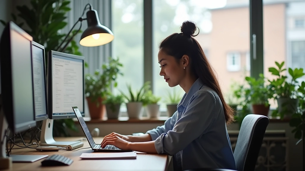 Professional woman working on laptop at home office desk with multiple monitors, studying doctoral coursework materials, modern bright workspace with plants, focused concentrated expression