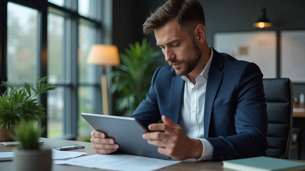 Male executive in business attire reviewing doctoral dissertation on tablet device in corporate office, professional lighting
