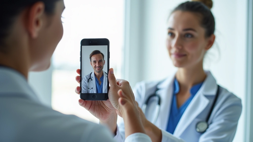Patient using smartphone for video consultation with doctor in bright medical office, professional attire, natural lighting, modern healthcare setting