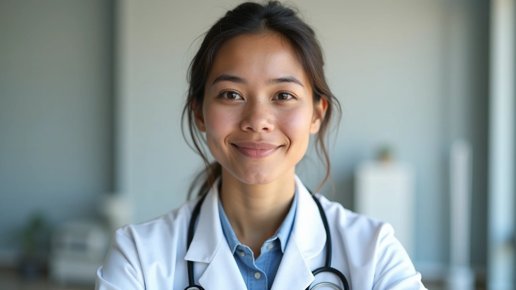 Diverse doctor in white coat speaking to camera during telehealth video call, calm expression, minimalist clinical background