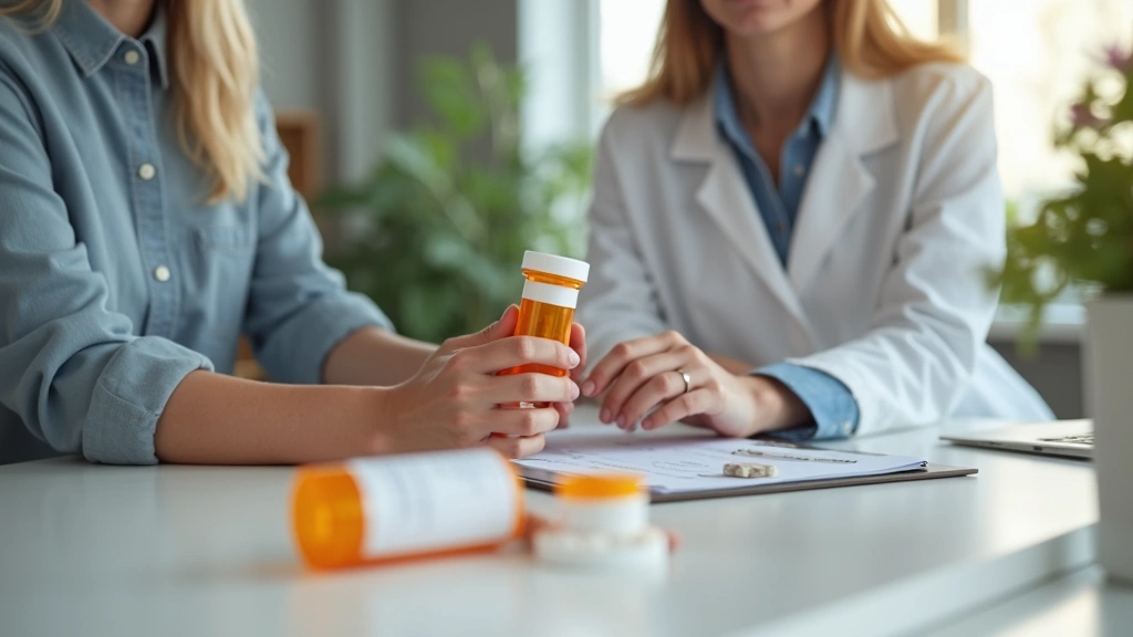 Person holding prescription medication bottle at home pharmacy counter, receiving treatment after online consultation, natura