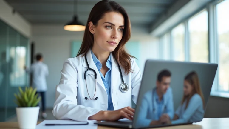 Professional female doctor in white coat conducting video consultation on laptop with patient visible on screen, modern medical office background, natural lighting, serious focused expression
