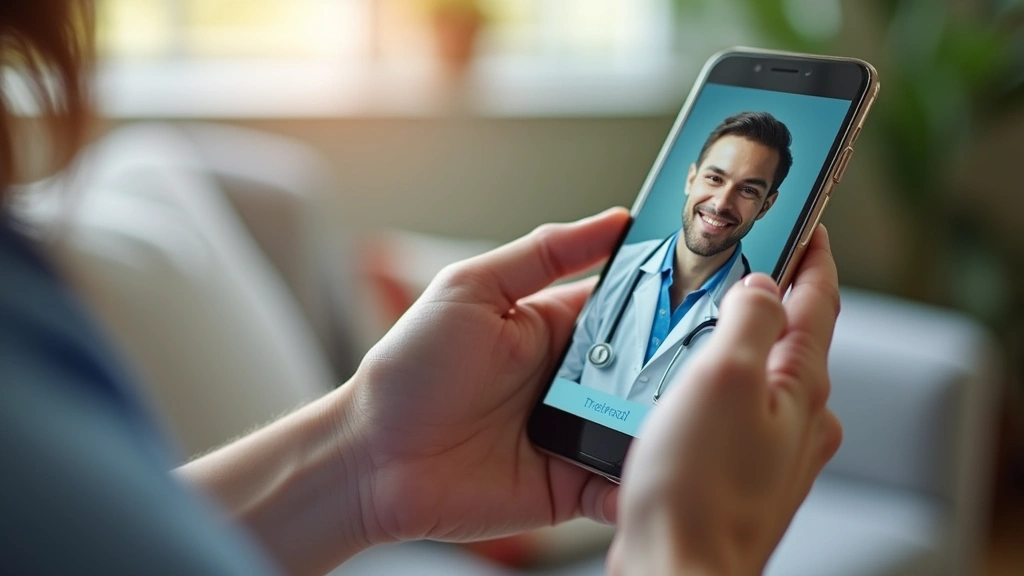 Close-up of smartphone showing telehealth app interface with doctors video feed, patients hand holding phone, home setting wi