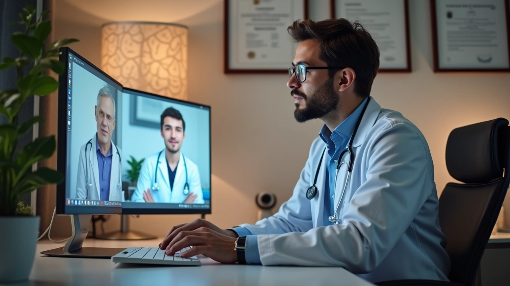 Male doctor sitting at desk reviewing patient notes on computer monitor during virtual consultation, professional medical off