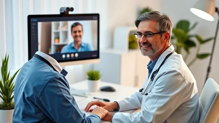 Healthcare provider in professional home office setting during video consultation with patient on monitor, modern desk with computer setup, professional lighting and background, confident clinician appearance, clean workspace