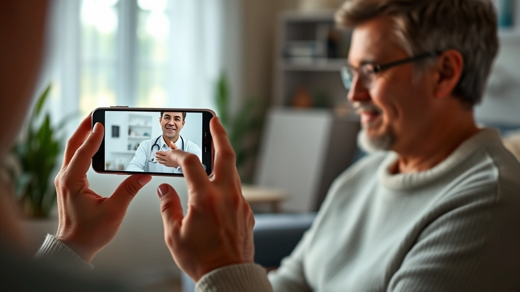 Patient using smartphone for video consultation with healthcare provider, bright home setting, warm lighting, professional medical background