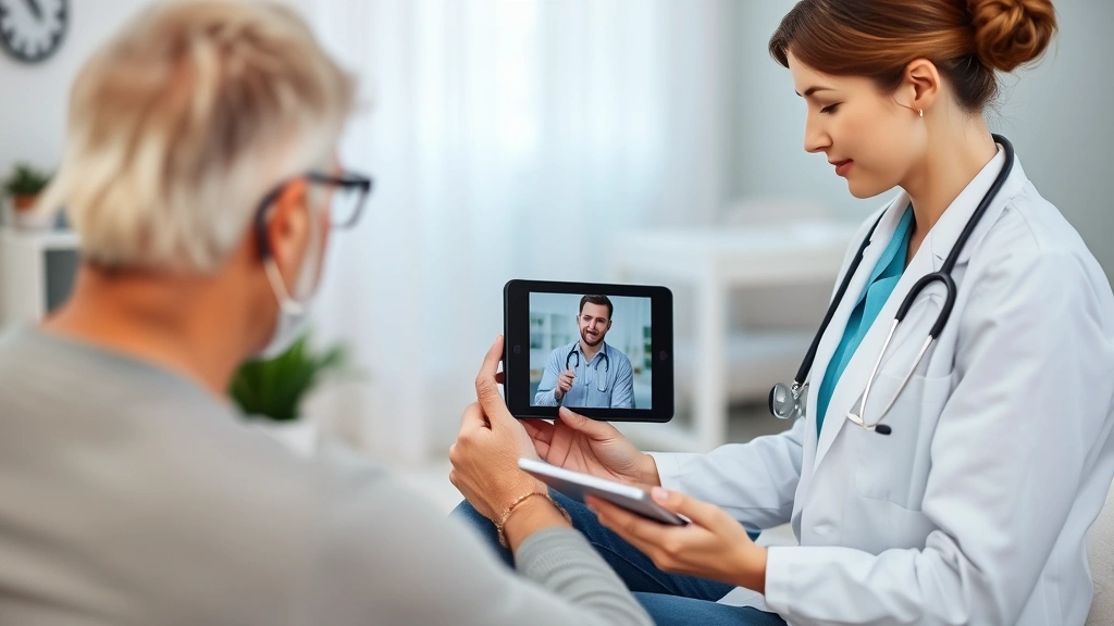 Patient sitting at home using tablet for video consultation with female doctor wearing stethoscope, professional medical setting background, modern healthcare technology
