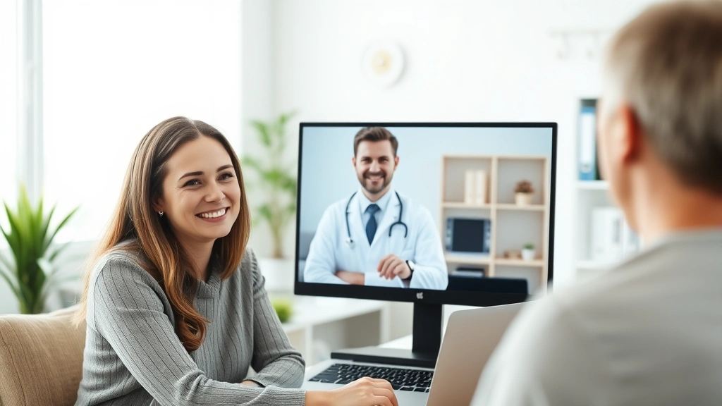 Female patient smiling during video consultation on laptop with male doctor on screen, bright home office background, profess