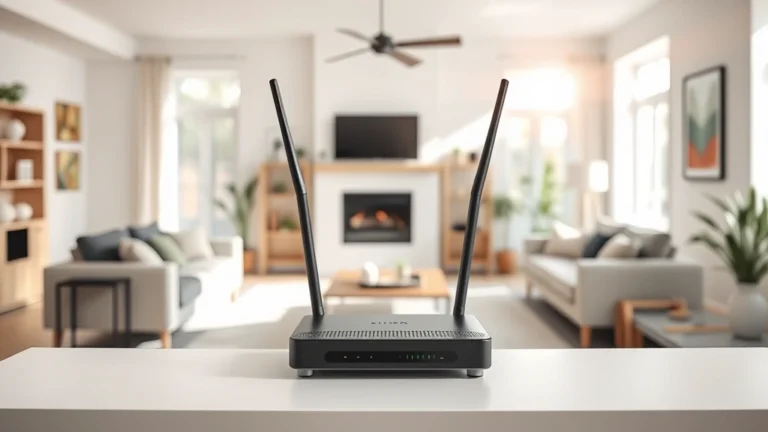 Modern WiFi router positioned elevated on a shelf in a bright living room center, surrounded by open space with no obstructions, sunlight streaming through windows
