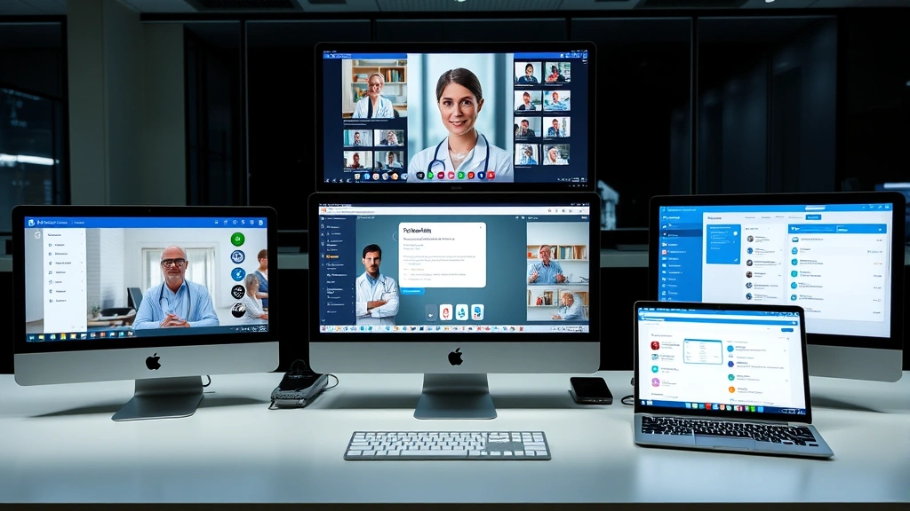 Multiple telehealth platforms displayed on computer screens showing video consultation interfaces, patient data integration, secure messaging, and appointment scheduling dashboards, modern healthcare technology environment
