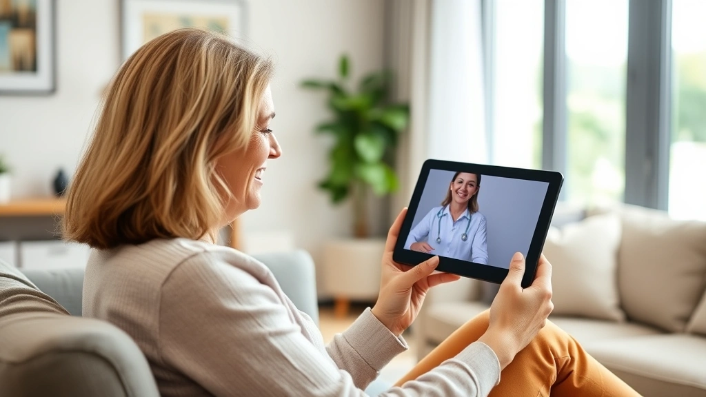 Female patient in comfortable home environment during telehealth video call on tablet, smiling at provider, modern living room, natural daylight