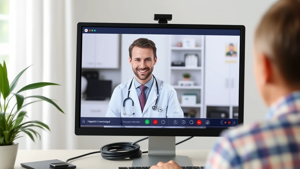 Doctor on computer screen during secure video call with patient, HIPAA-compliant interface visible, encrypted connection indicator, professional telehealth platform