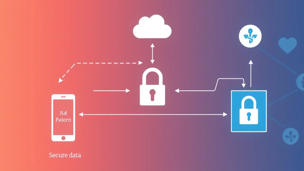 Secure data flow diagram visualization showing encrypted connection between patient device and healthcare server, HIPAA compliance indicators, security padlock symbols, digital health records flowing safely through network infrastructure