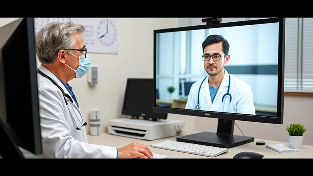 Healthcare provider in medical office during virtual consultation, looking at computer screen, professional setting, stethoscope visible, patient on screen