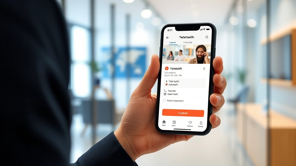 Young professional using smartphone app to book telehealth appointment, calendar and appointment confirmation visible, modern clinic interior in background