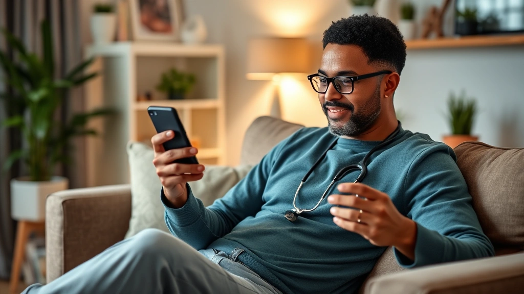Diverse patient using smartphone for telehealth appointment in comfortable home setting, relaxed posture, modern digital heal