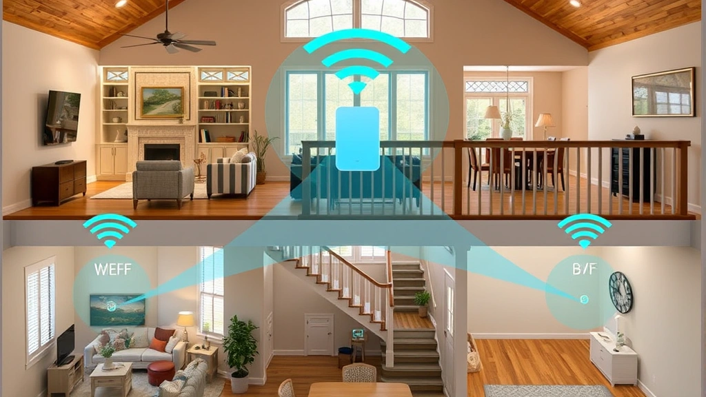 Mesh WiFi system nodes placed throughout multi-story home interior, showing living room, upstairs hallway, and basement setup with visible network coverage zones