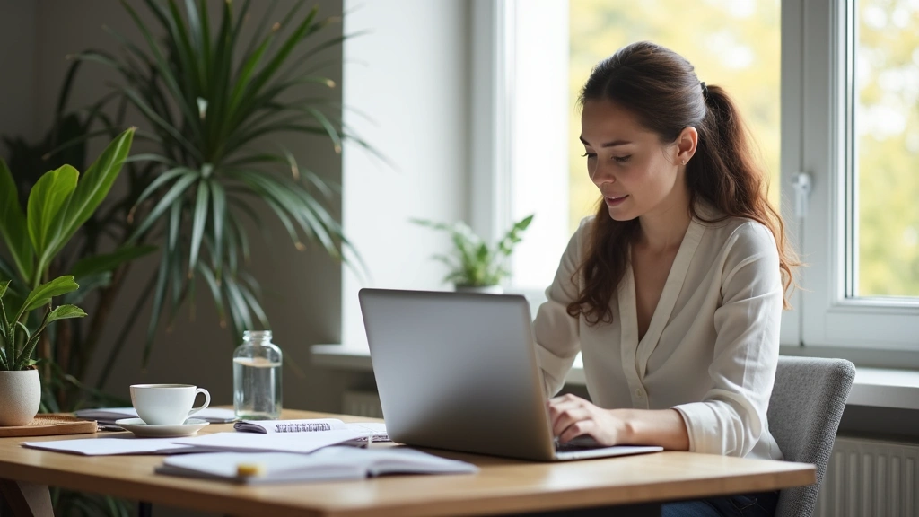 Professional woman working on laptop at home desk with coffee, studying for online doctoral degree, natural daylight from window, calm home office environment