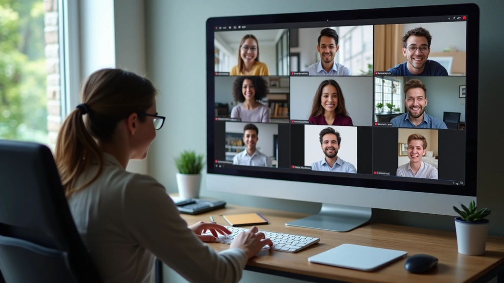 Diverse group of students in virtual online classroom meeting, video conference on computer screens, professional educational