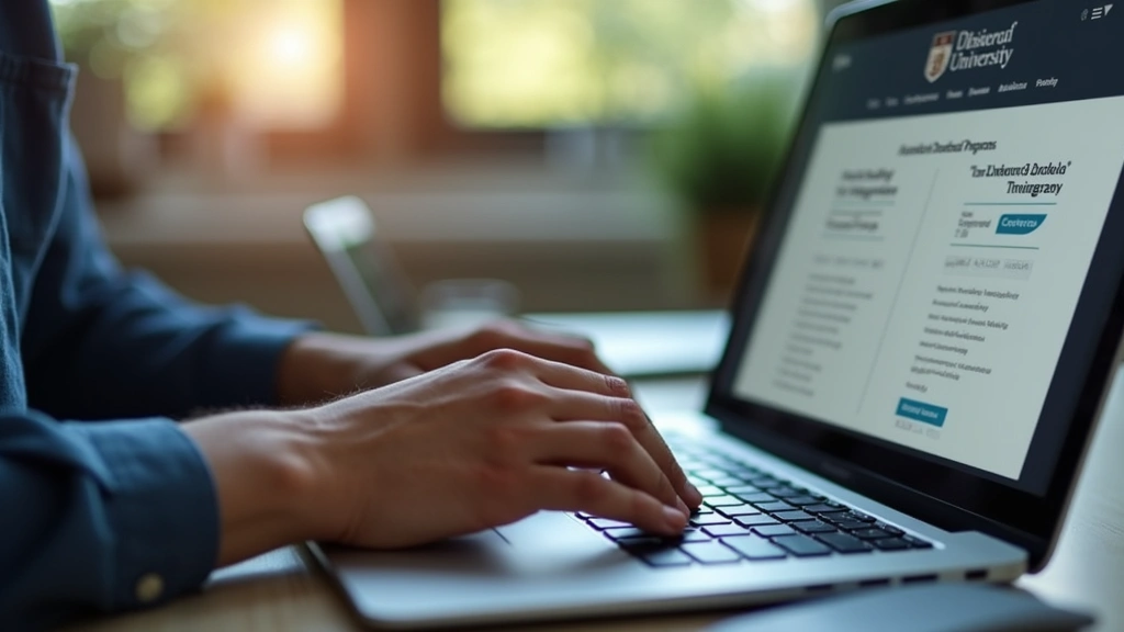 Close-up of hands typing on laptop keyboard with university website displayed, researching affordable doctoral programs, soft