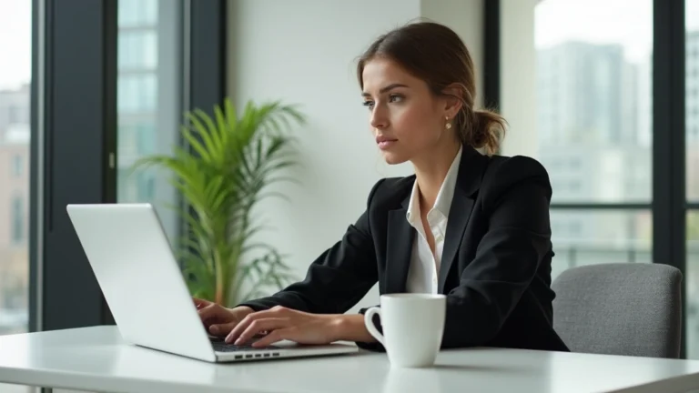 Professional woman in business attire studying at laptop in modern home office with coffee cup, natural daylight streaming through windows, focused expression, realistic photography