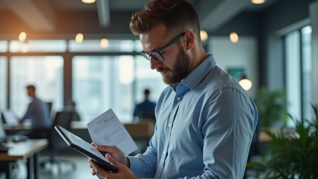 Male professional in engineering field reviewing technical documents on tablet in contemporary office space, concentrated exp