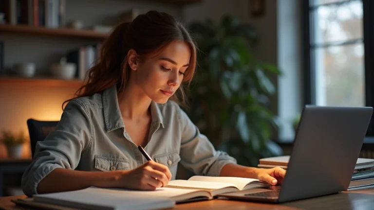 Professional woman studying on laptop at home desk, surrounded by books and notes, warm lighting, focused expression, modern home office setting