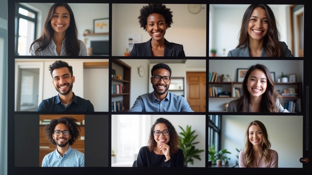 Diverse graduate students in virtual classroom meeting, video conference on computer screens, professional attire, collaborat