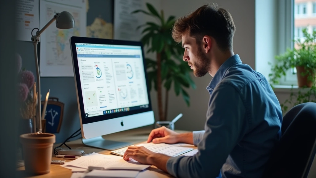 Male student at desk reviewing dissertation document, computer monitor displaying research data, academic papers spread out, 