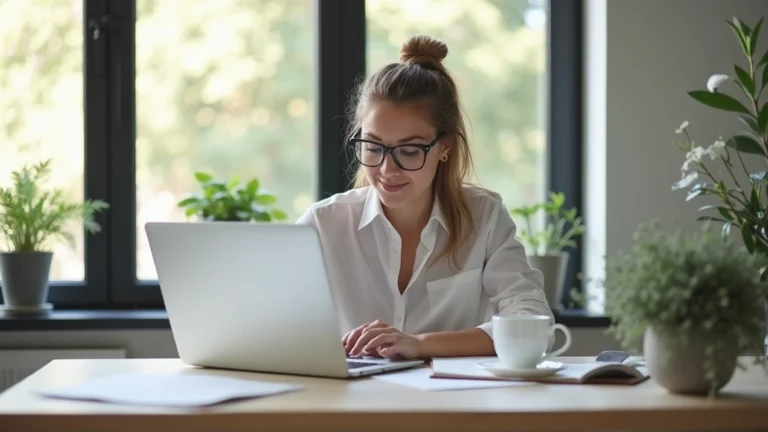 Professional woman studying on laptop at home office desk with coffee, bright natural window light, focused expression, modern workspace setup