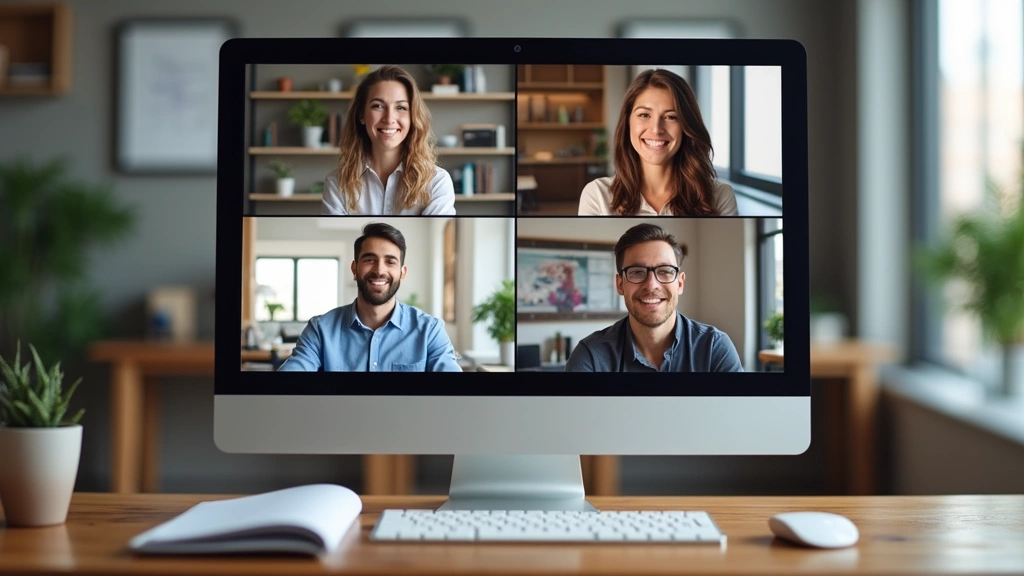 Diverse group of online students in virtual meeting on computer screen, professional attire, collaborative discussion, digita