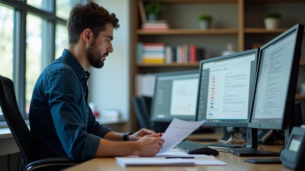 Male professional reviewing dissertation documents at desk with multiple monitors, academic research materials, concentrated 