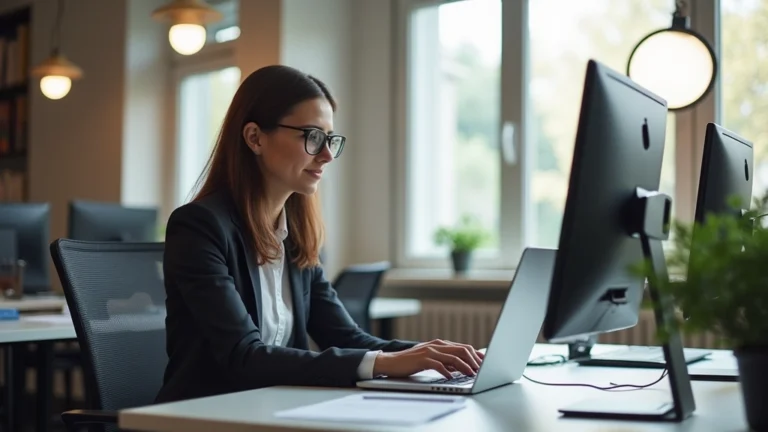 Professional woman working on laptop in modern home office with multiple monitors, natural lighting, focused expression, contemporary workspace design