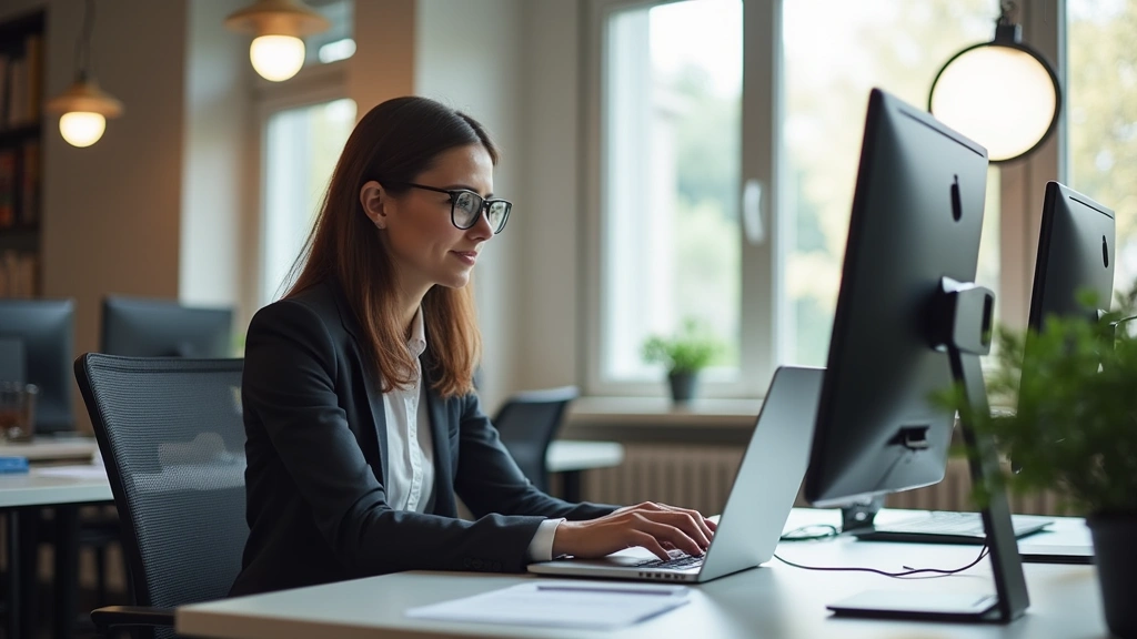 Professional woman working on laptop in modern home office with multiple monitors, natural lighting, focused expression, contemporary workspace design