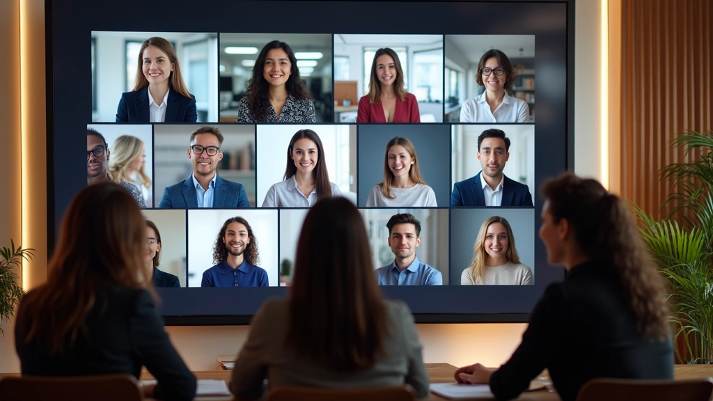 Diverse group of graduate students in virtual classroom meeting on large screen, professional setting, collaborative learning