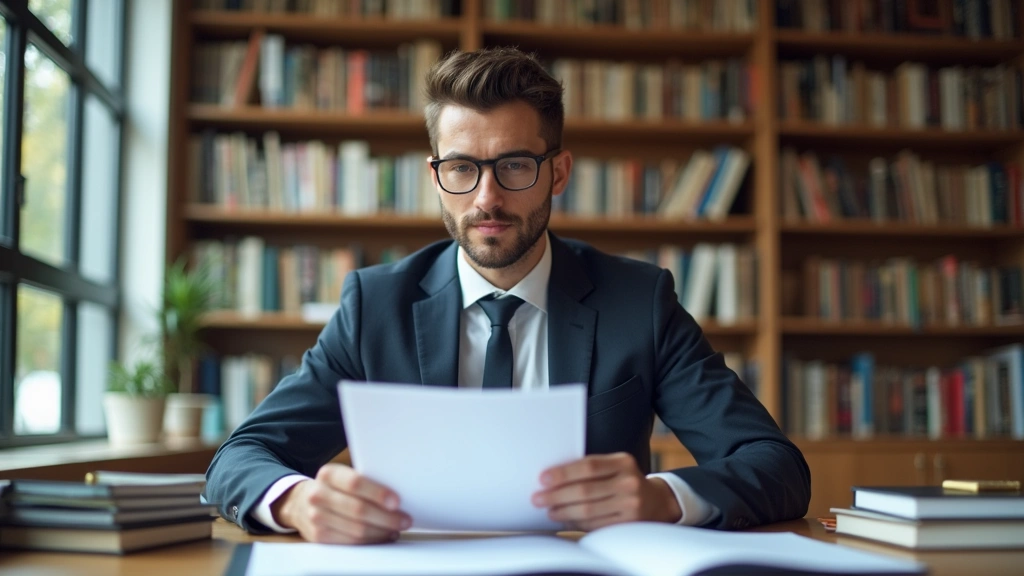 Male professional in business attire reviewing academic documents at desk with university diploma visible, scholarly workspac
