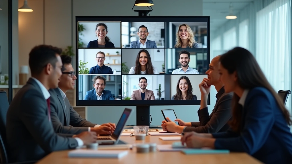 Diverse group of business professionals in video conference call on large monitor, modern office setting, collaborative atmos