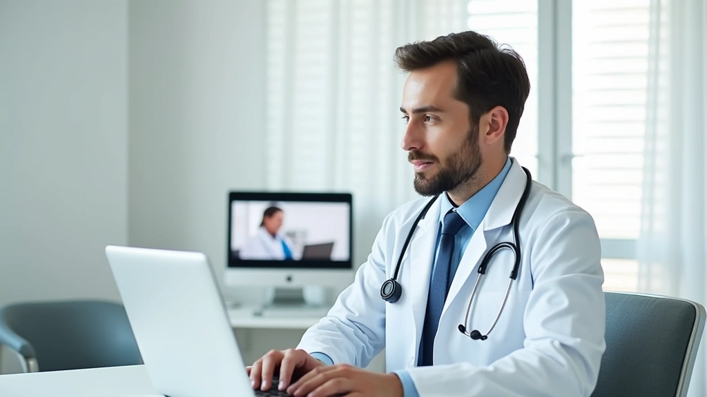 Professional doctor conducting video consultation on laptop in modern medical office, patient visible on screen, clean white background, natural lighting, modern healthcare setting