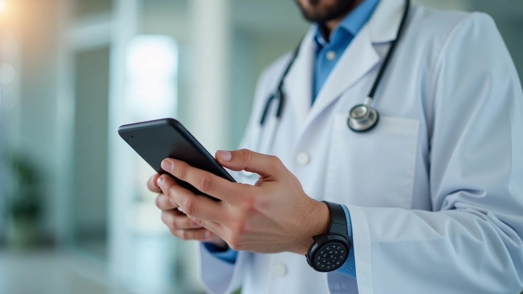 Close-up of hands holding smartphone displaying digital doctors note document, professional medical office environment, soft 
