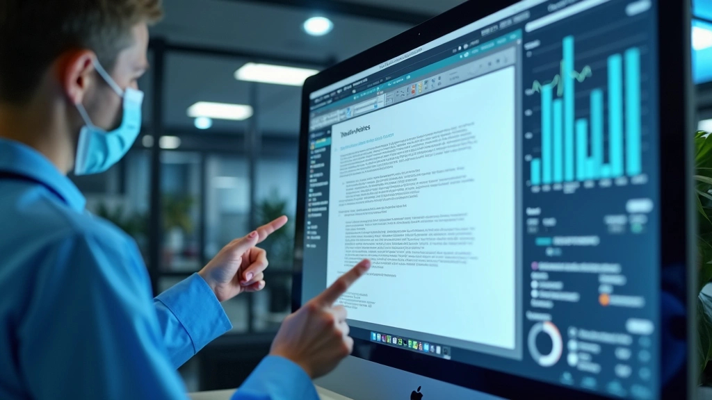 Telehealth platform interface on computer monitor showing doctors note generation, professional medical setting, organized me