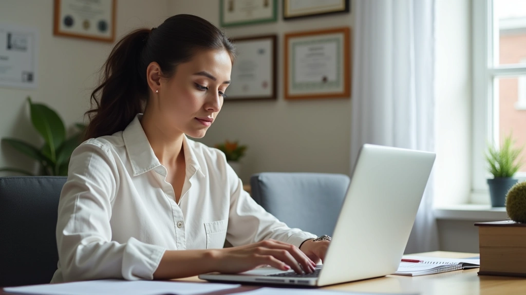 Professional woman at home desk reviewing online doctoral program documents on laptop, bright natural lighting, organized workspace with degree certificates on wall, serious focused expression