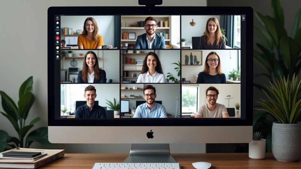 Diverse group of online doctoral students in virtual meeting on large monitor, professional home offices visible, collaborati