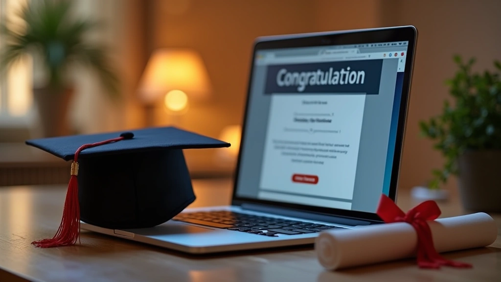 Graduation cap and diploma next to laptop showing online degree completion certificate, congratulatory email on screen, home 