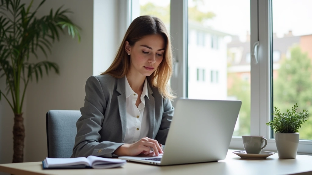 Professional woman studying on laptop at home desk with notebook and coffee, natural window lighting, focused expression, modern home office setting