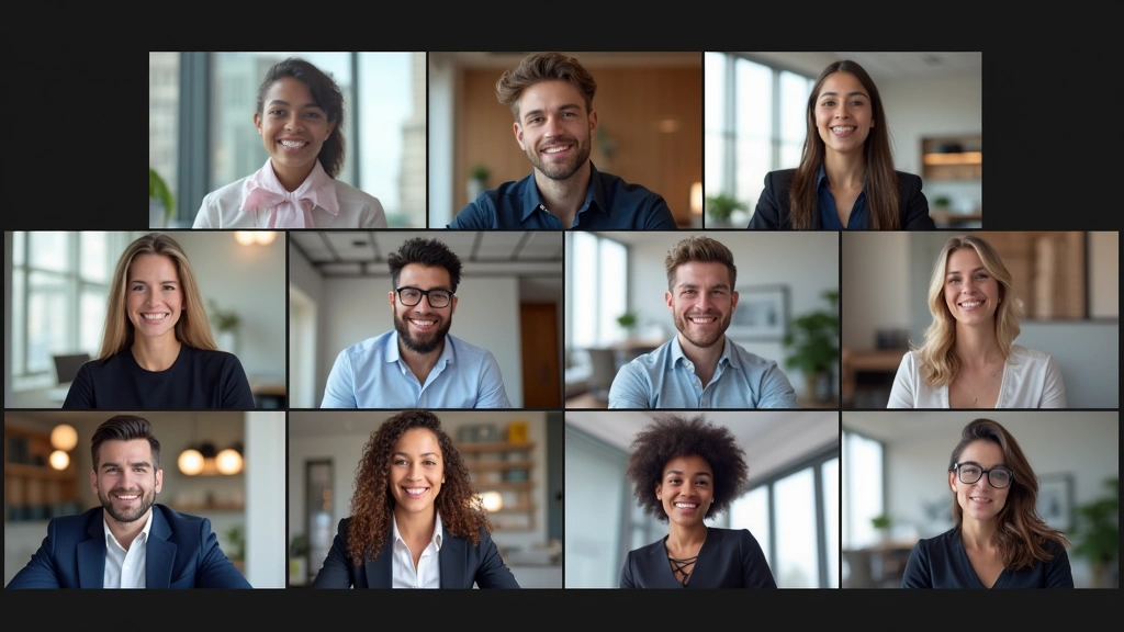 Diverse group of graduate students in virtual classroom on computer screens, professional attire, engaged in discussion, mode