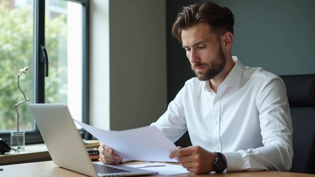 Male professional reviewing diploma and documents at desk with laptop, successful achievement moment, modern office backgroun