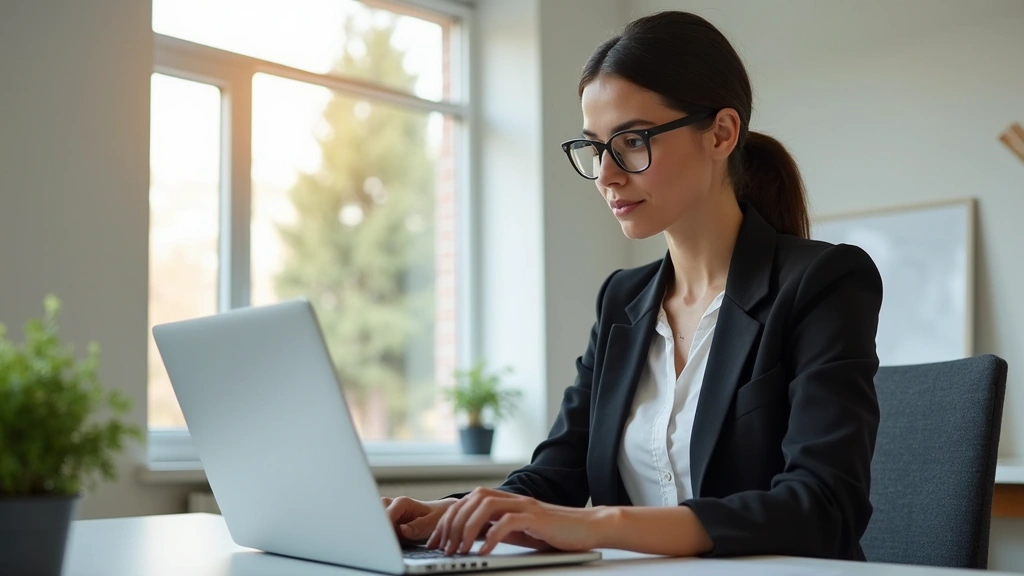 Professional woman sitting at desk with laptop, studying online doctorate materials, natural lighting from window, modern home office setting, focused expression